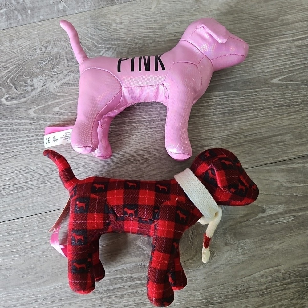 2 Victoria's Secret PINK Metallic and Plaid Limited Edition Mini Plush Dog 5"